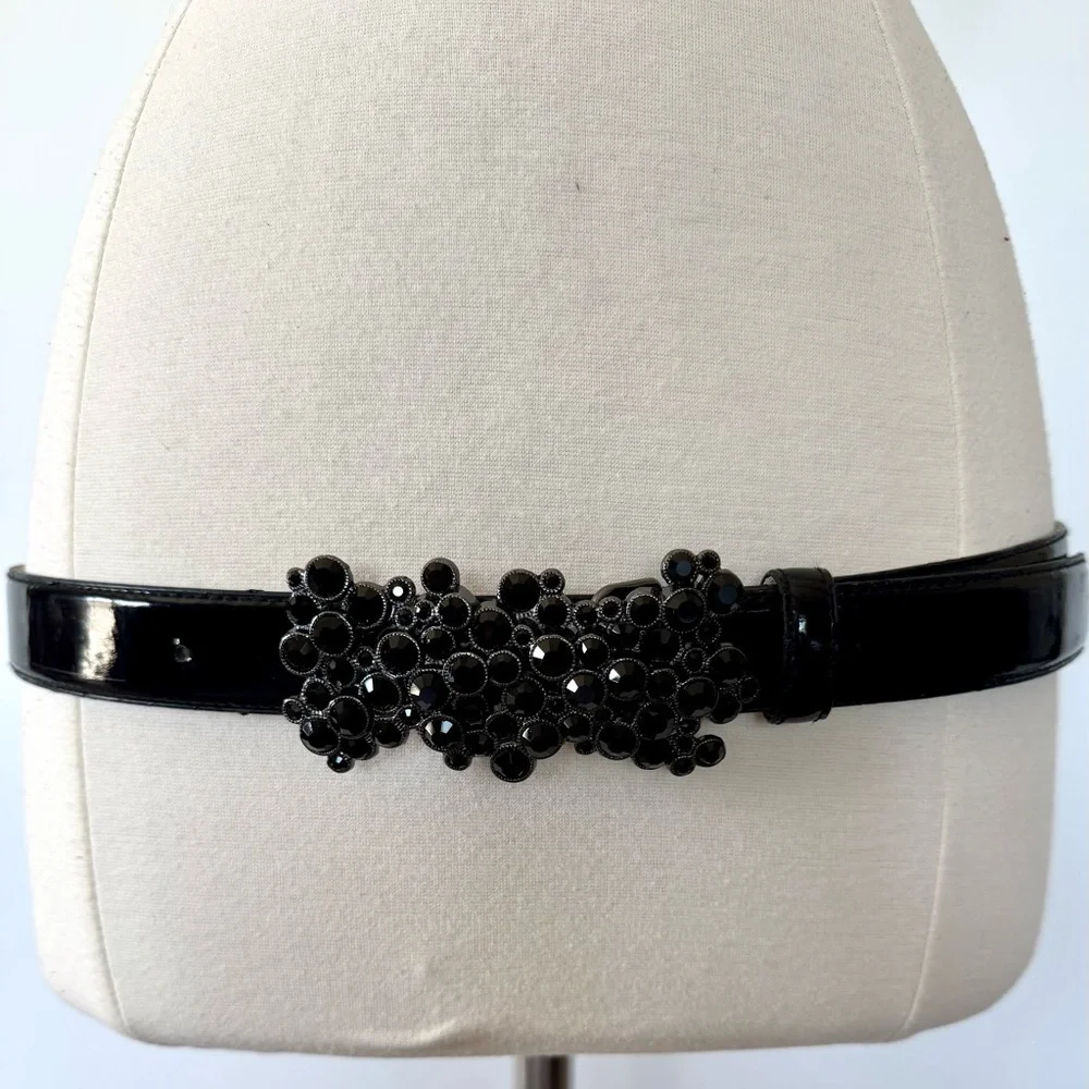 WHBM Cluster of Faux Black Jewel embellished belt black patent leather Large